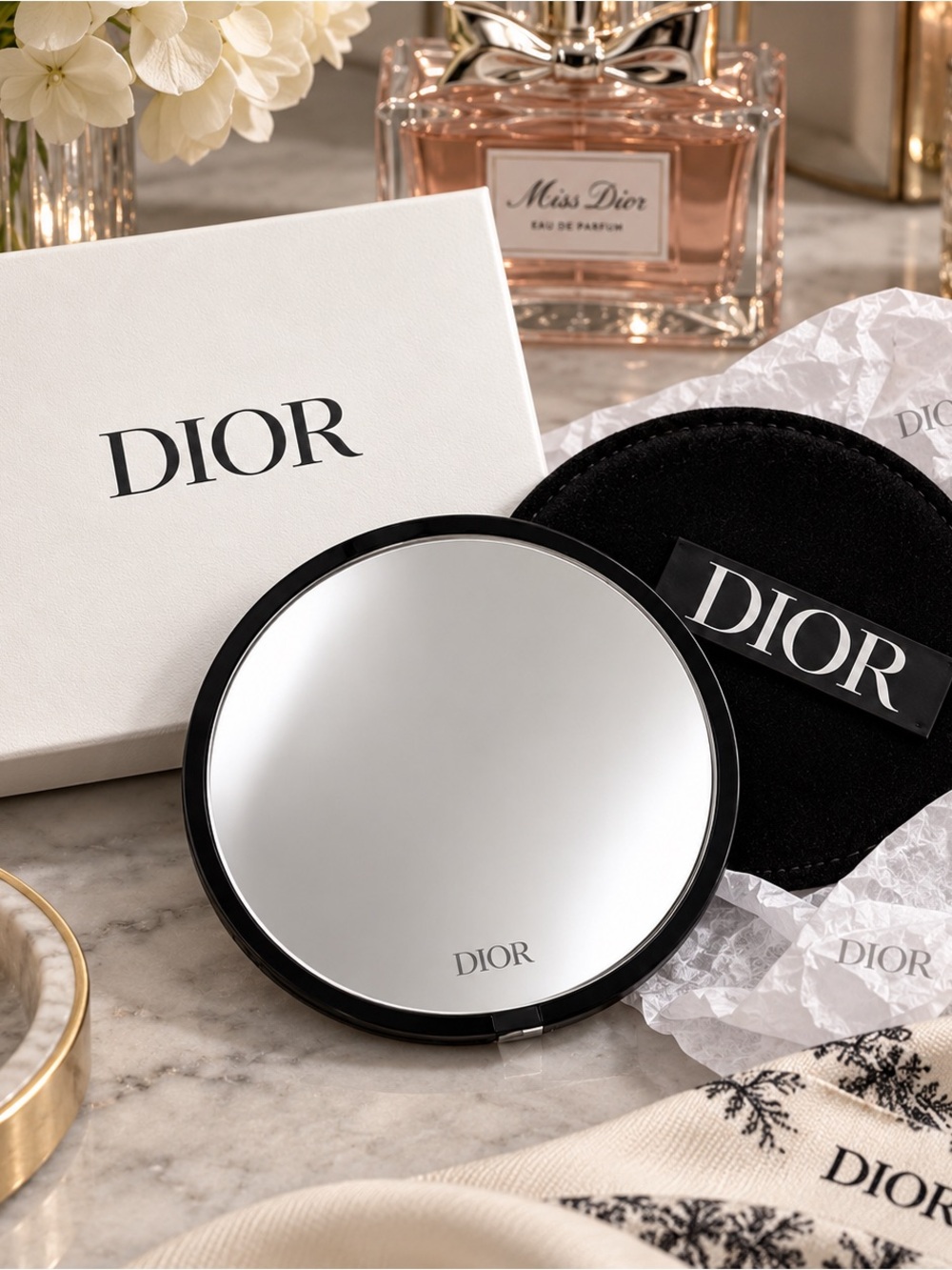 Dior Round Compact Mirror Black Pouch & Box Luxury Beauty Accessory